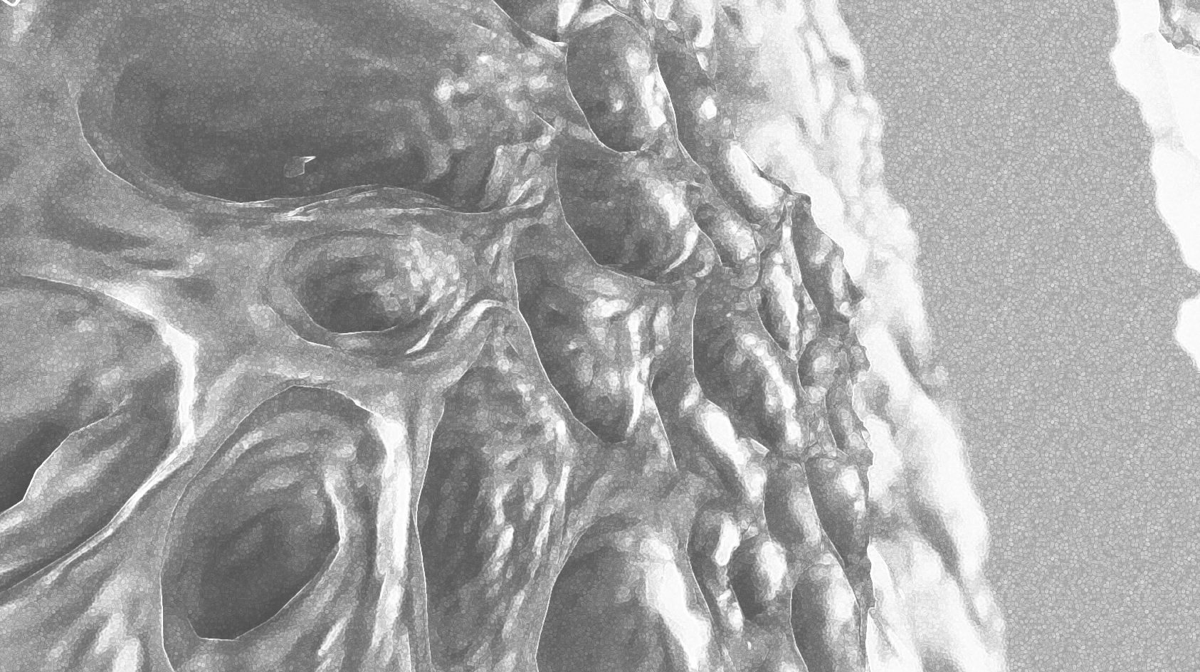 Computer-generated noisy image of grayscale cratered surfaces.